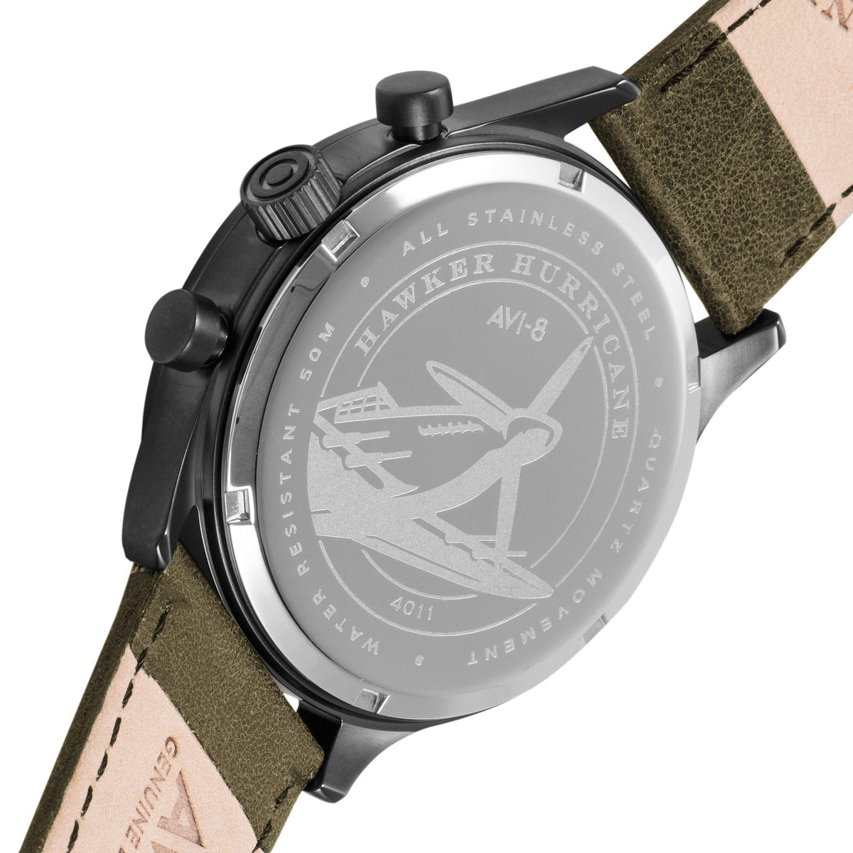 Stainless steel watch caseback engraved with aircraft, olive leather strap
