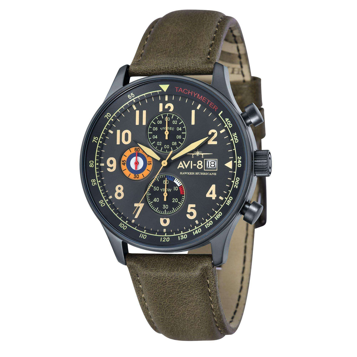 Men's aviator chronograph wristwatch with black dial and olive green leather strap