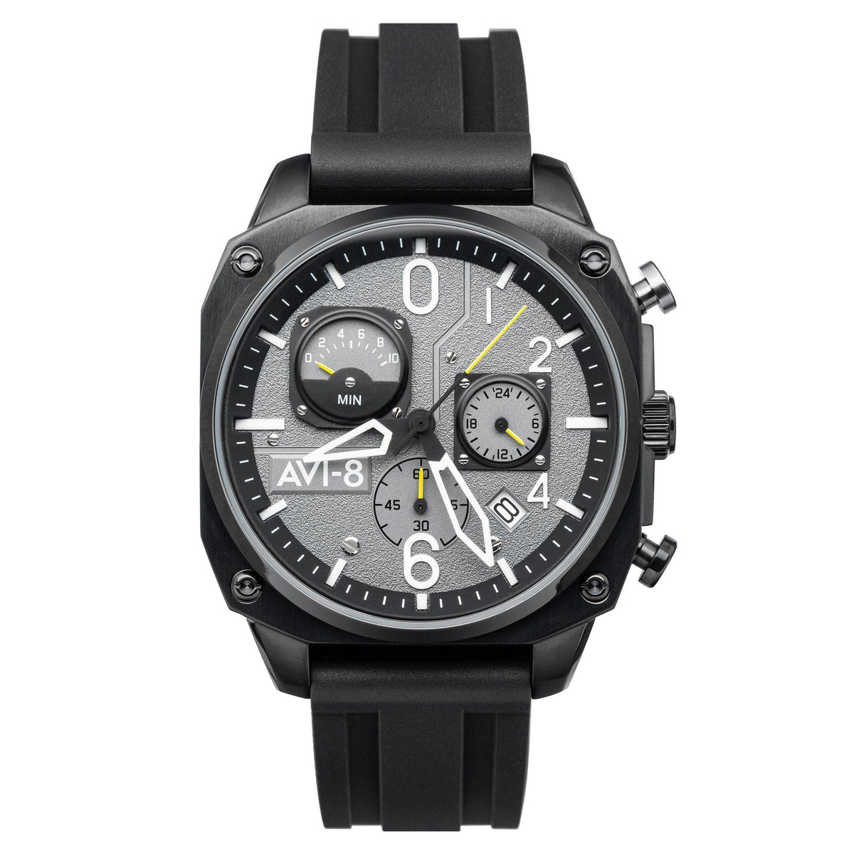 AVI-8 men's tactical chronograph watch, black dial with yellow seconds hand and subdials