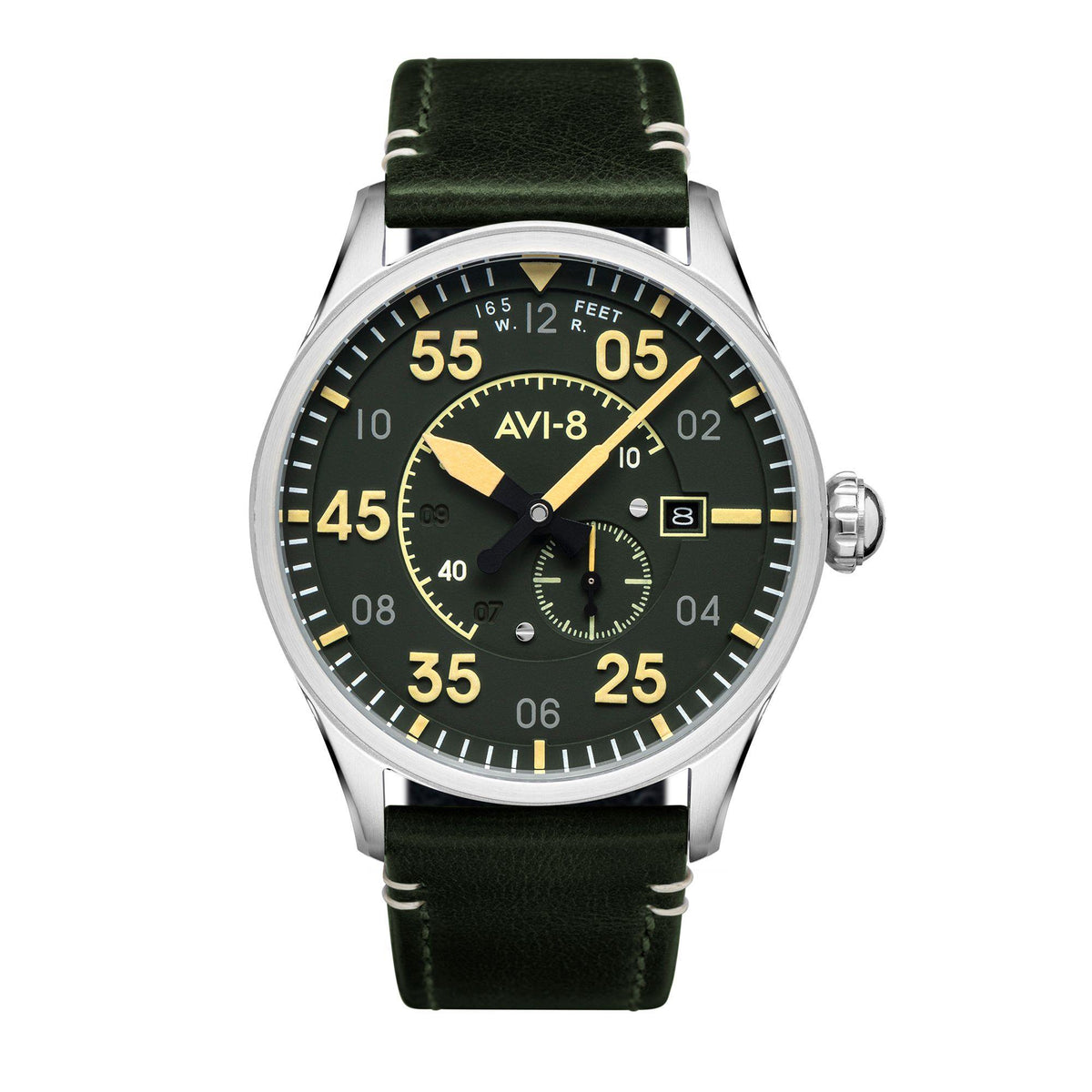 Mens automatic pilot watch front view with black dial, silver case, olive leather strap
