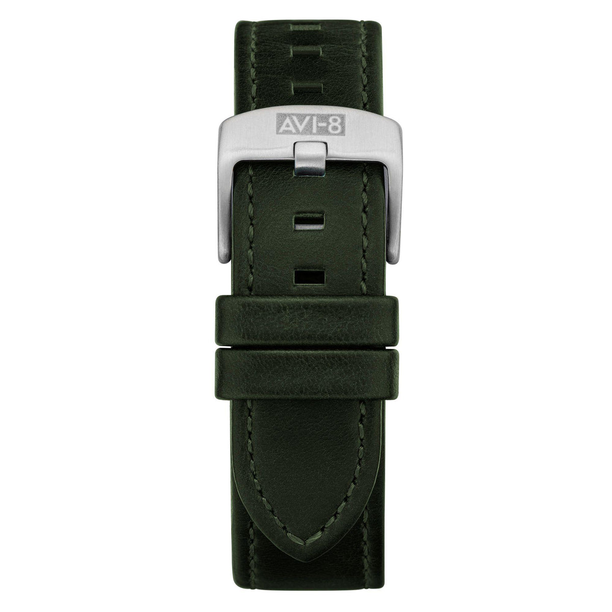 Mens automatic pilot watch strap back, olive leather with silver buckle clasp