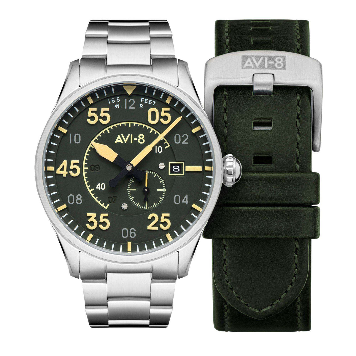 Mens automatic pilot watch set: silver case, olive leather strap, and extra strap