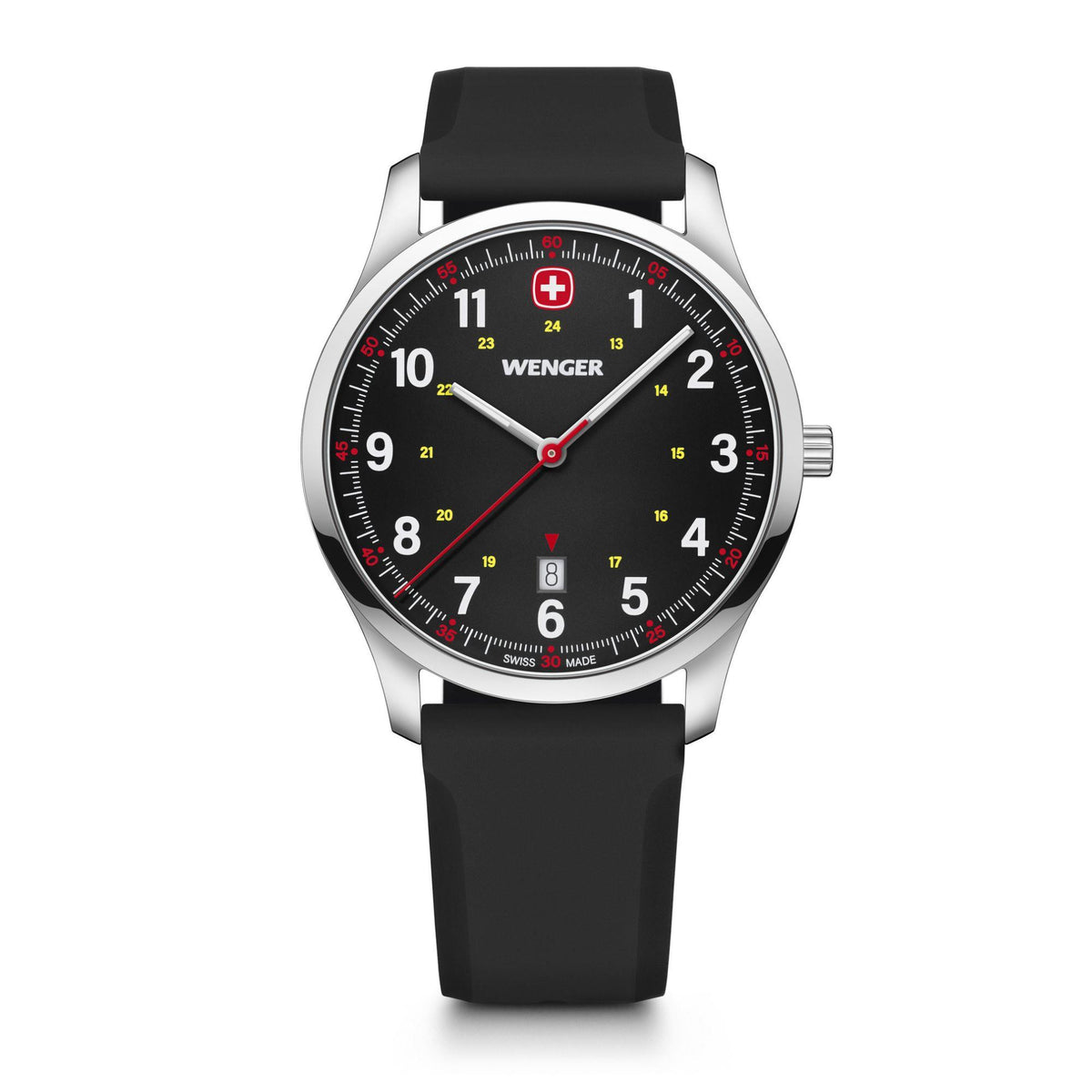 Men's analog wristwatch front view, black dial with red center seconds hand