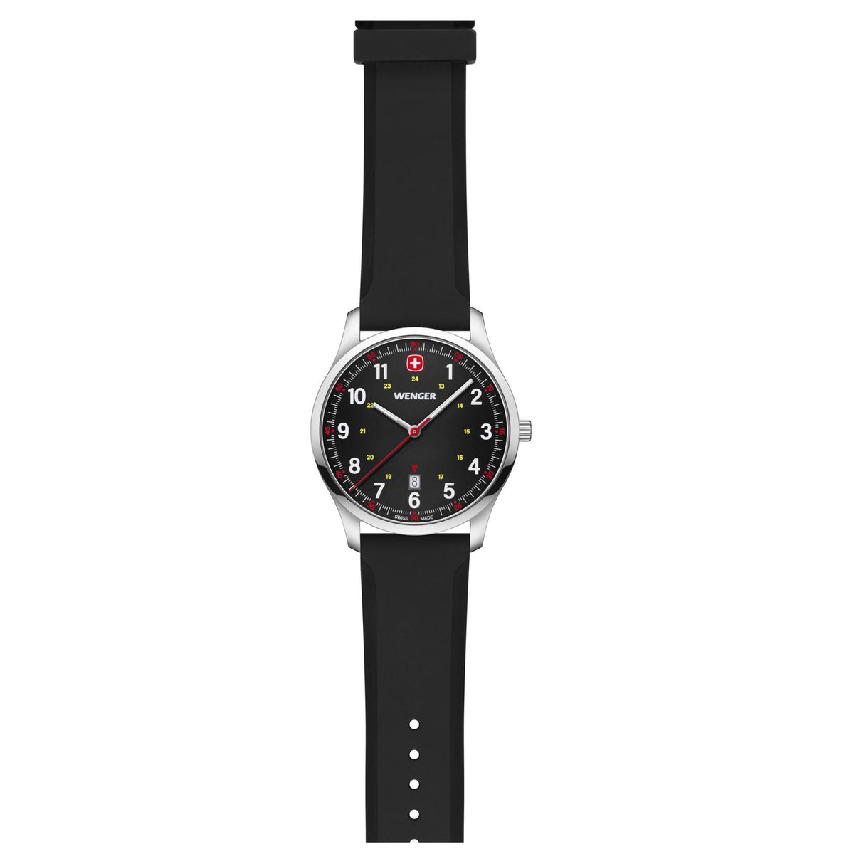 Men's analog wristwatch profile view, black dial on black rubber strap