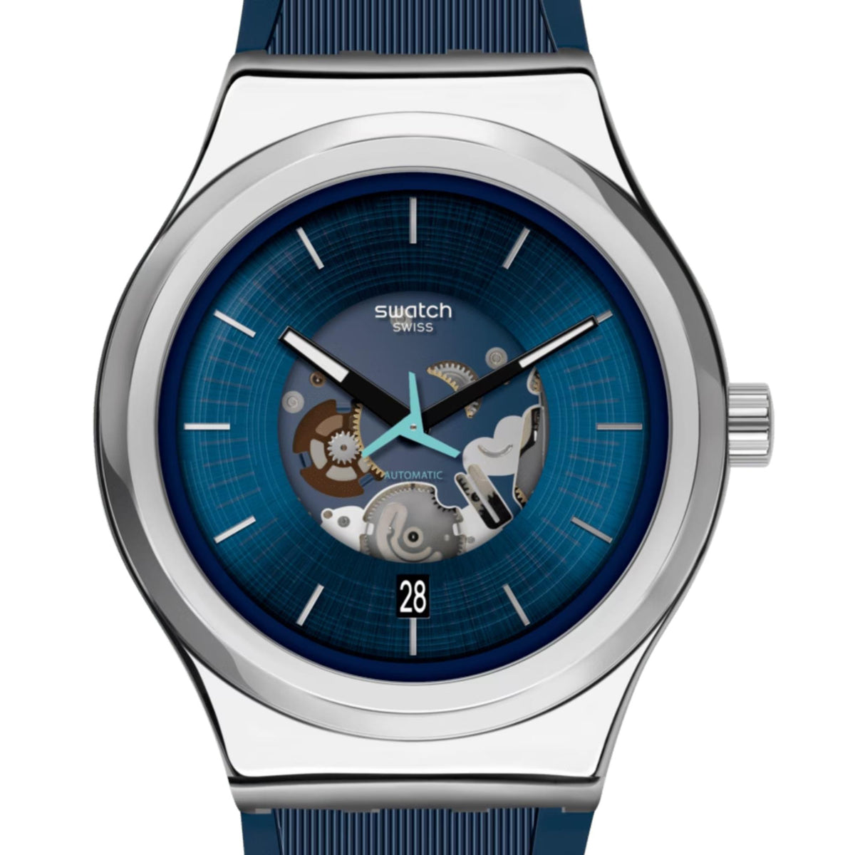 Men's Swatch quartz watch with blue dial, silver bezel, and 28 date window