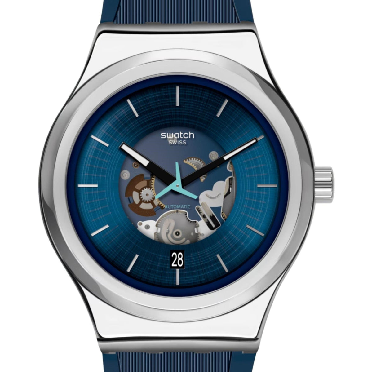Men's Swatch quartz watch with blue openwork dial, silver bezel, blue rubber strap