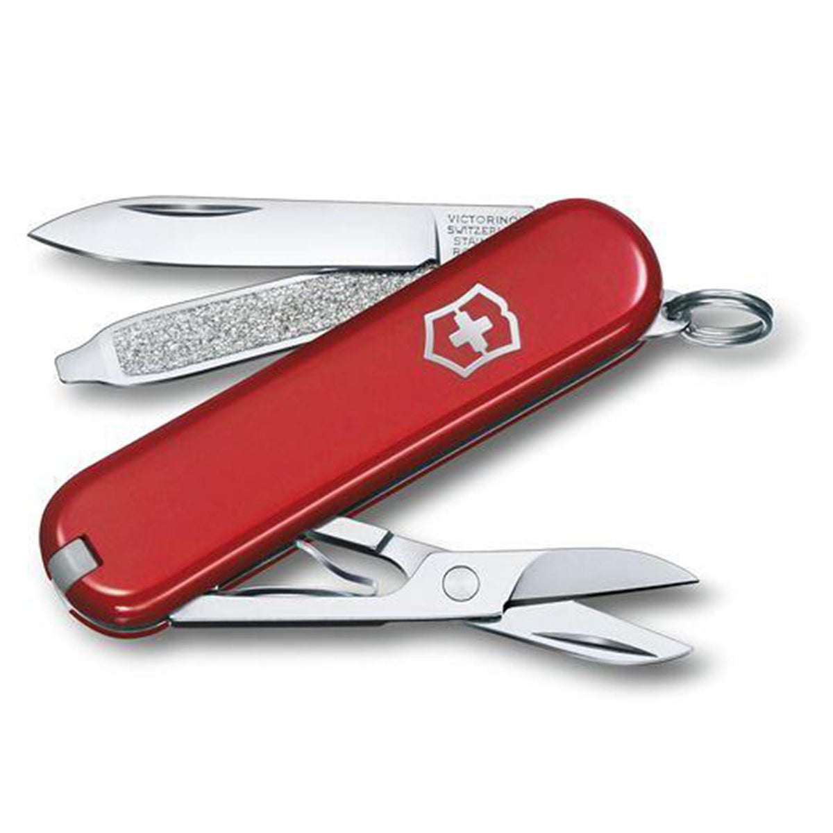 Red Victorinox folding pen knife open with blades and scissors plus key ring
