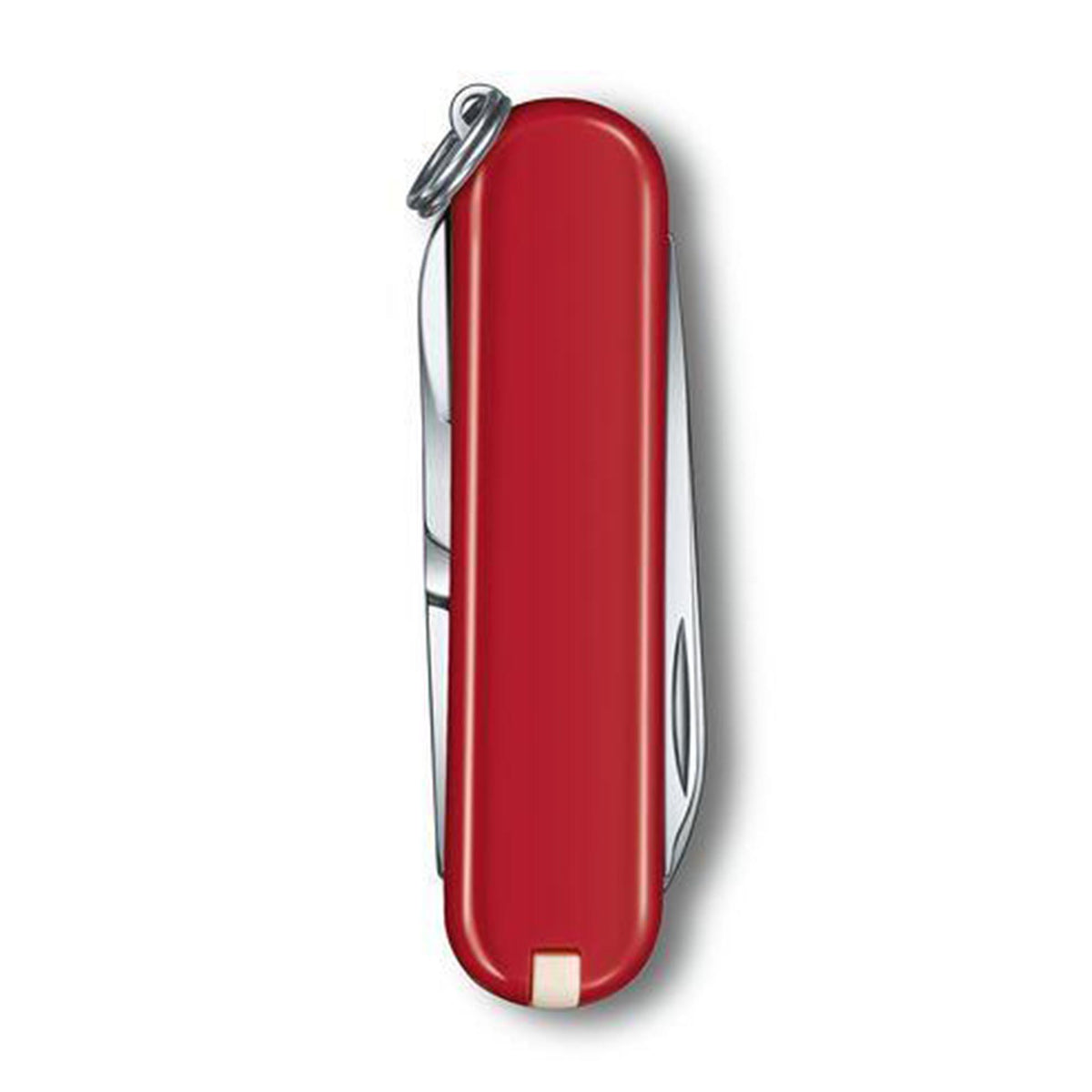 Red closed Victorinox folding pen knife with key ring and side tool outlines