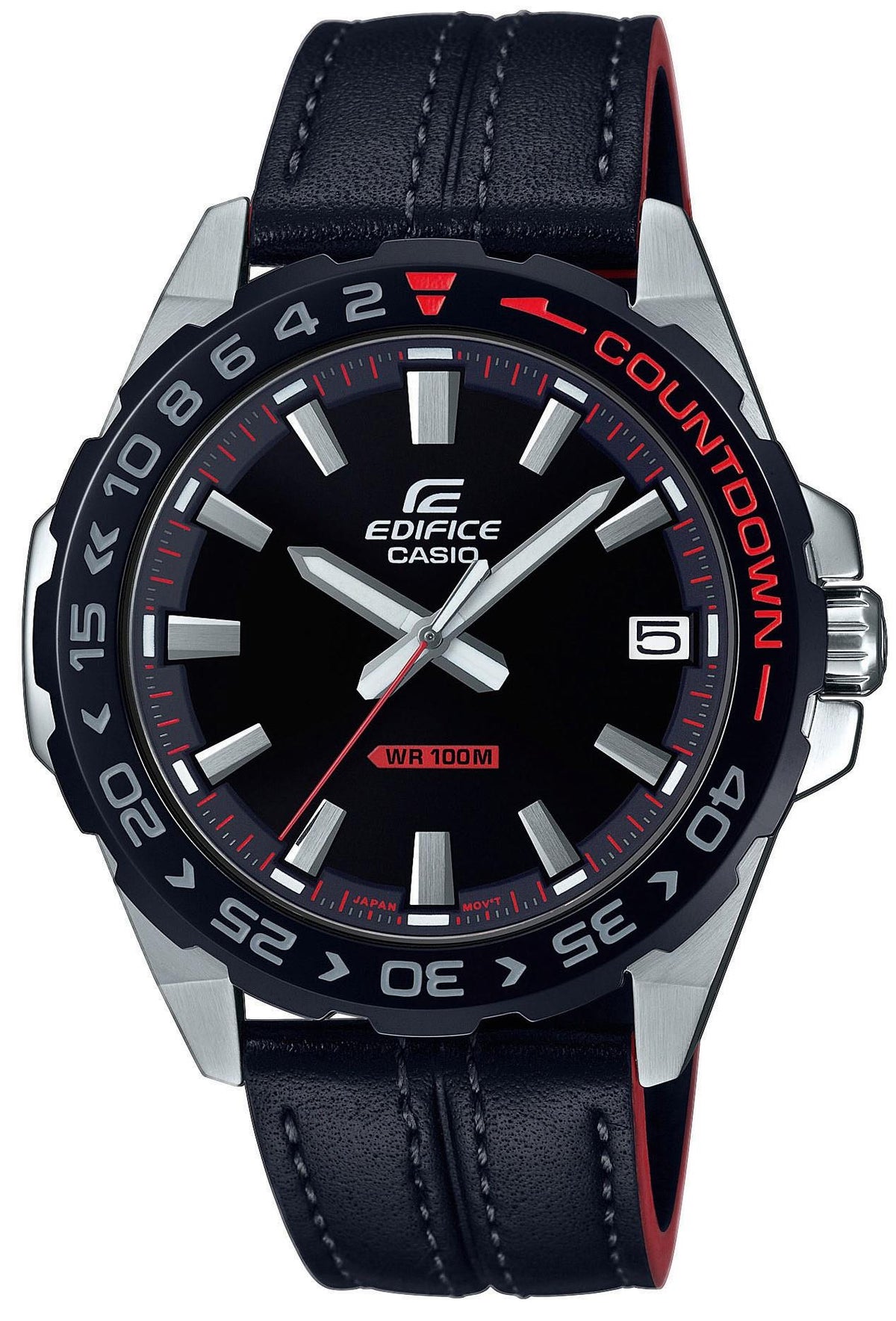 Men's Casio Edifice quartz watch with black dial, red countdown bezel, leather strap
