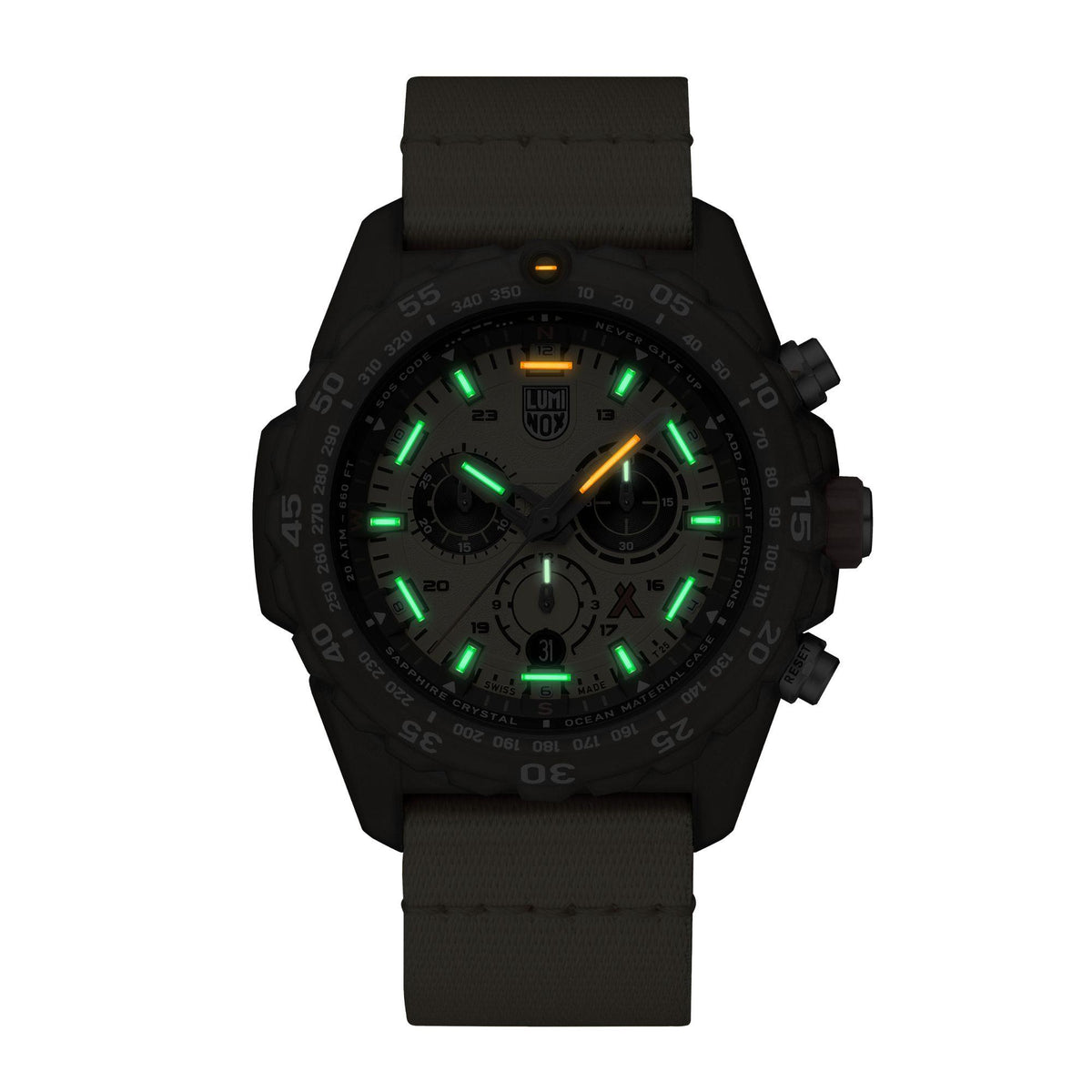 Men's black case watch with yellow-green luminous markers and black fabric strap