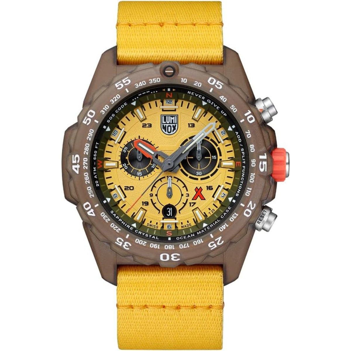 Men's chronograph watch with yellow dial, brown case, and yellow strap; bold markers and subdials