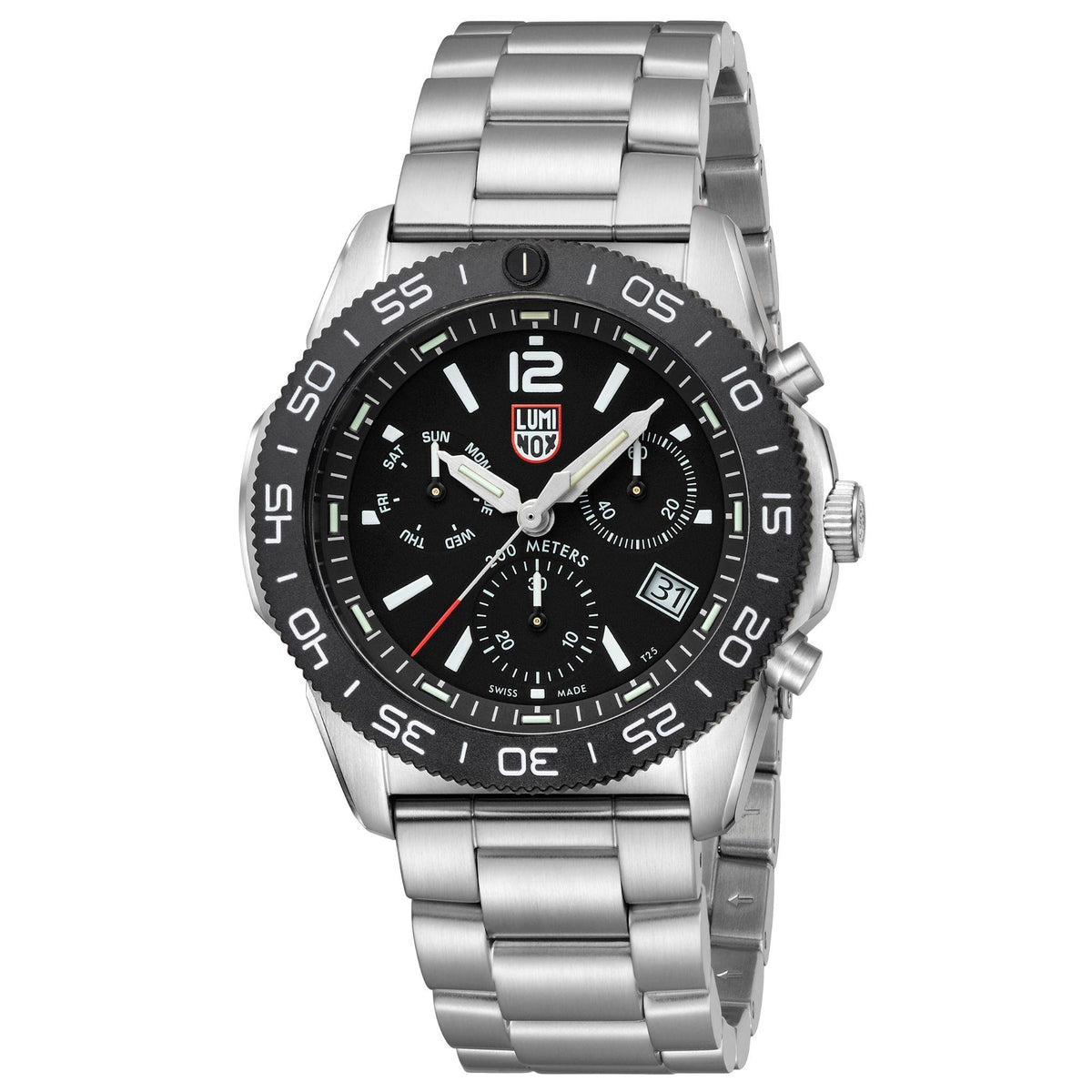Stainless steel diver chronograph watch with black dial, bezel, and bracelet