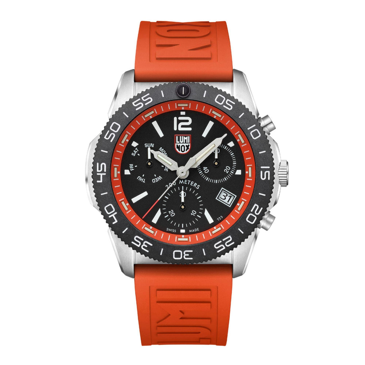 Men's diver chronograph watch with orange rubber strap and black dial with subdials