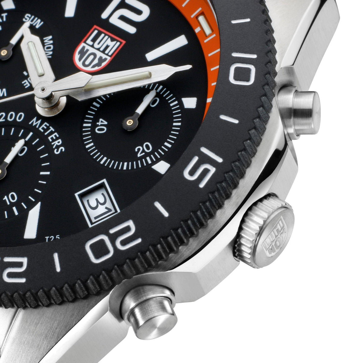 Luminox diver chronograph close-up of bezel, crown, and black dial