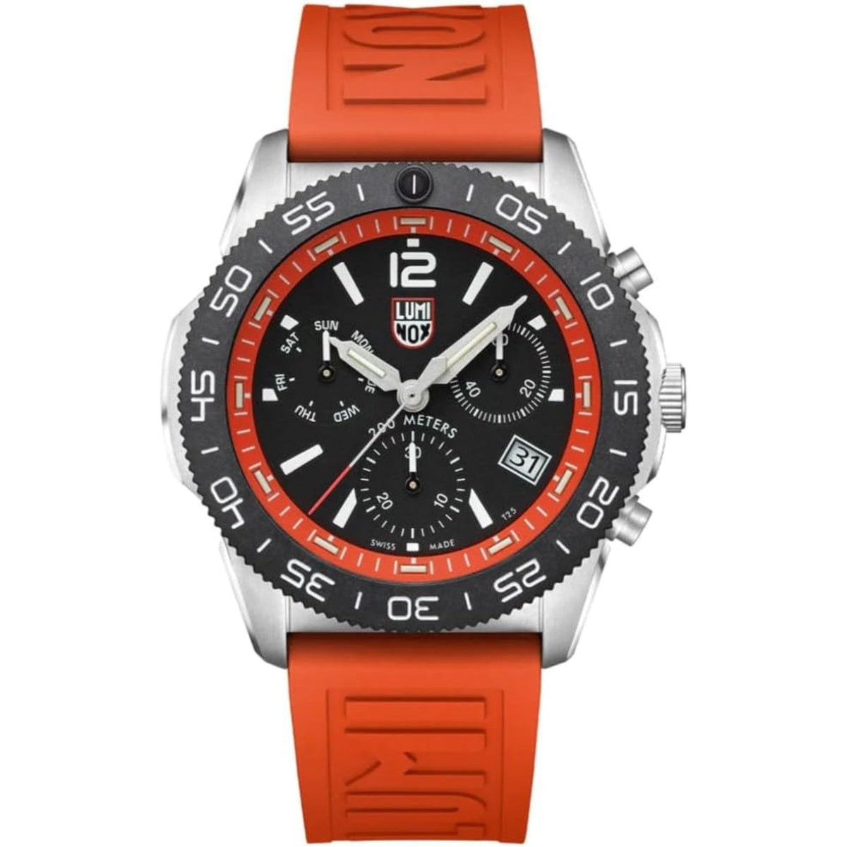 Men's diver chronograph watch with orange rubber strap and black dial, silver case and bezel