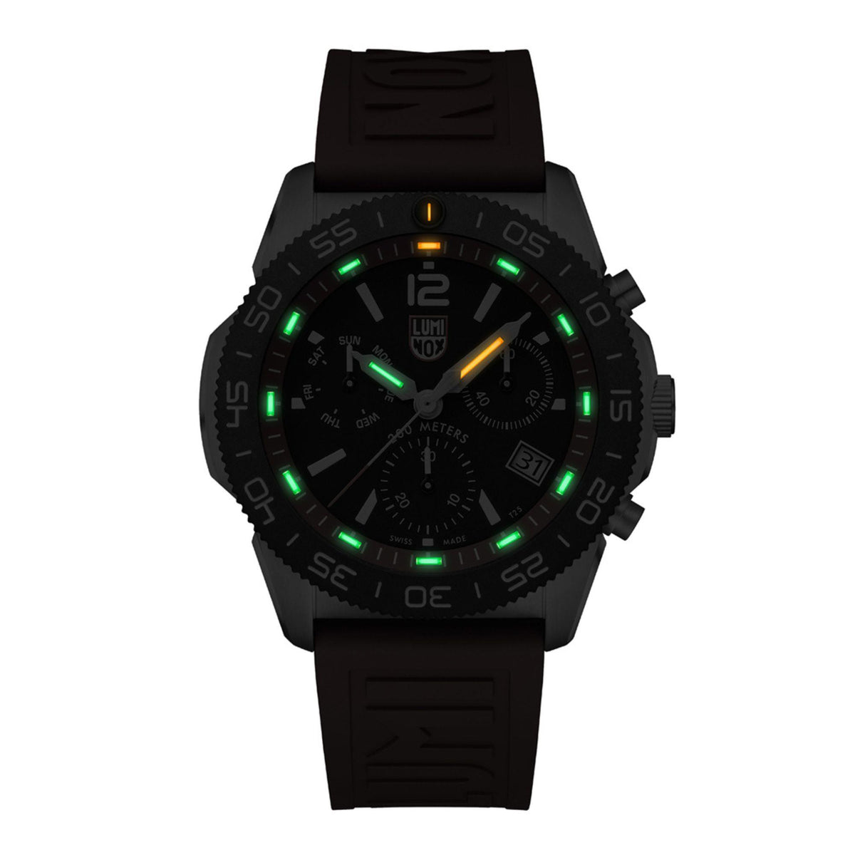 Men's diver chronograph watch with black dial, green glowing markers, and black rubber strap.