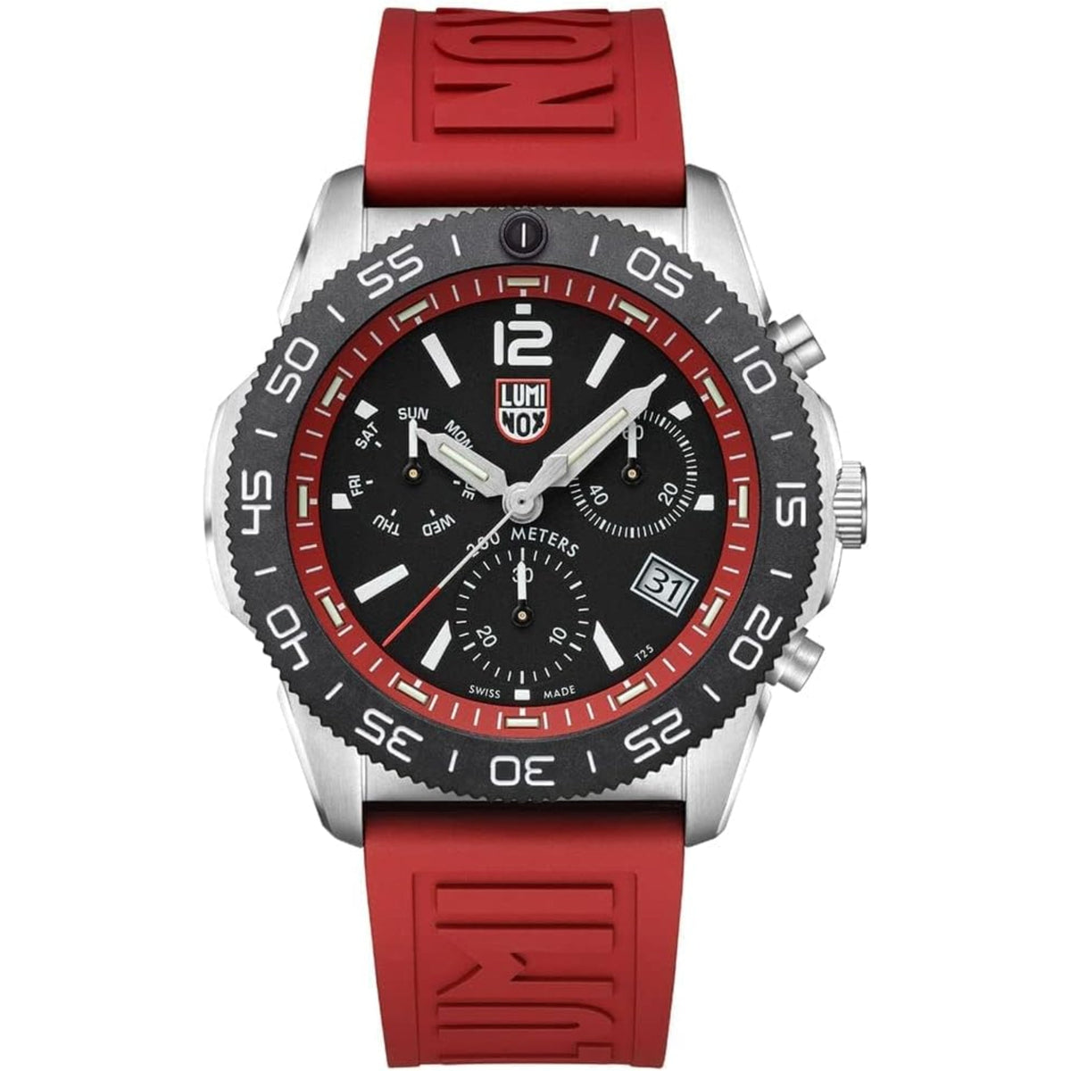 Men's diver chronograph watch front view: black dial, red bezel, red rubber strap