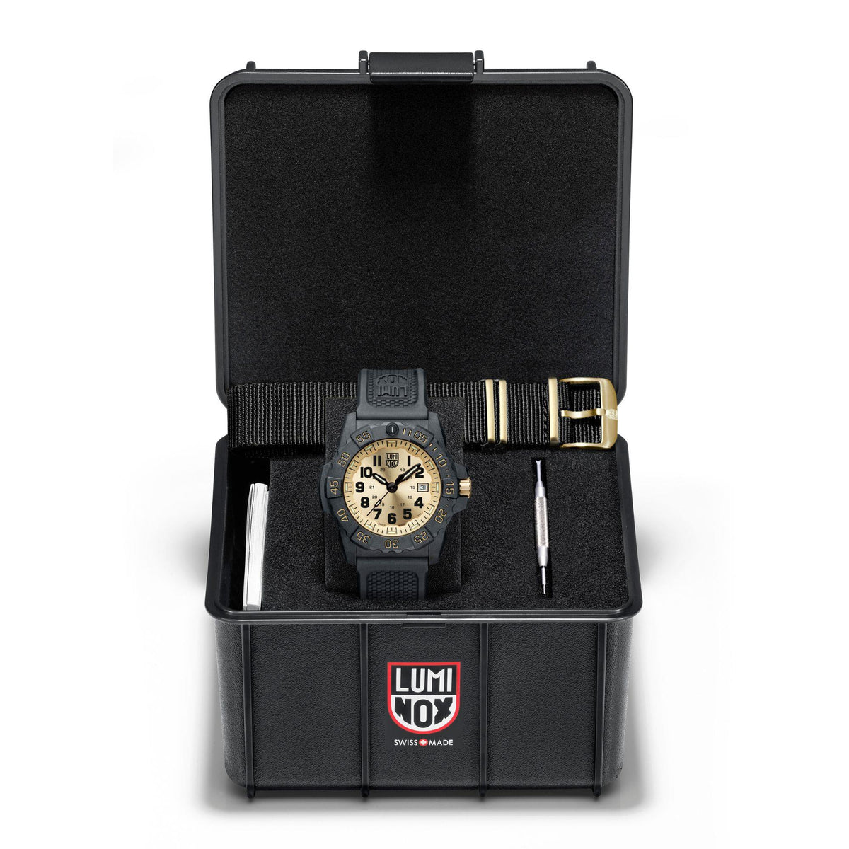 Men's rubber-strap watch in black box, gold-tone details and cream dial