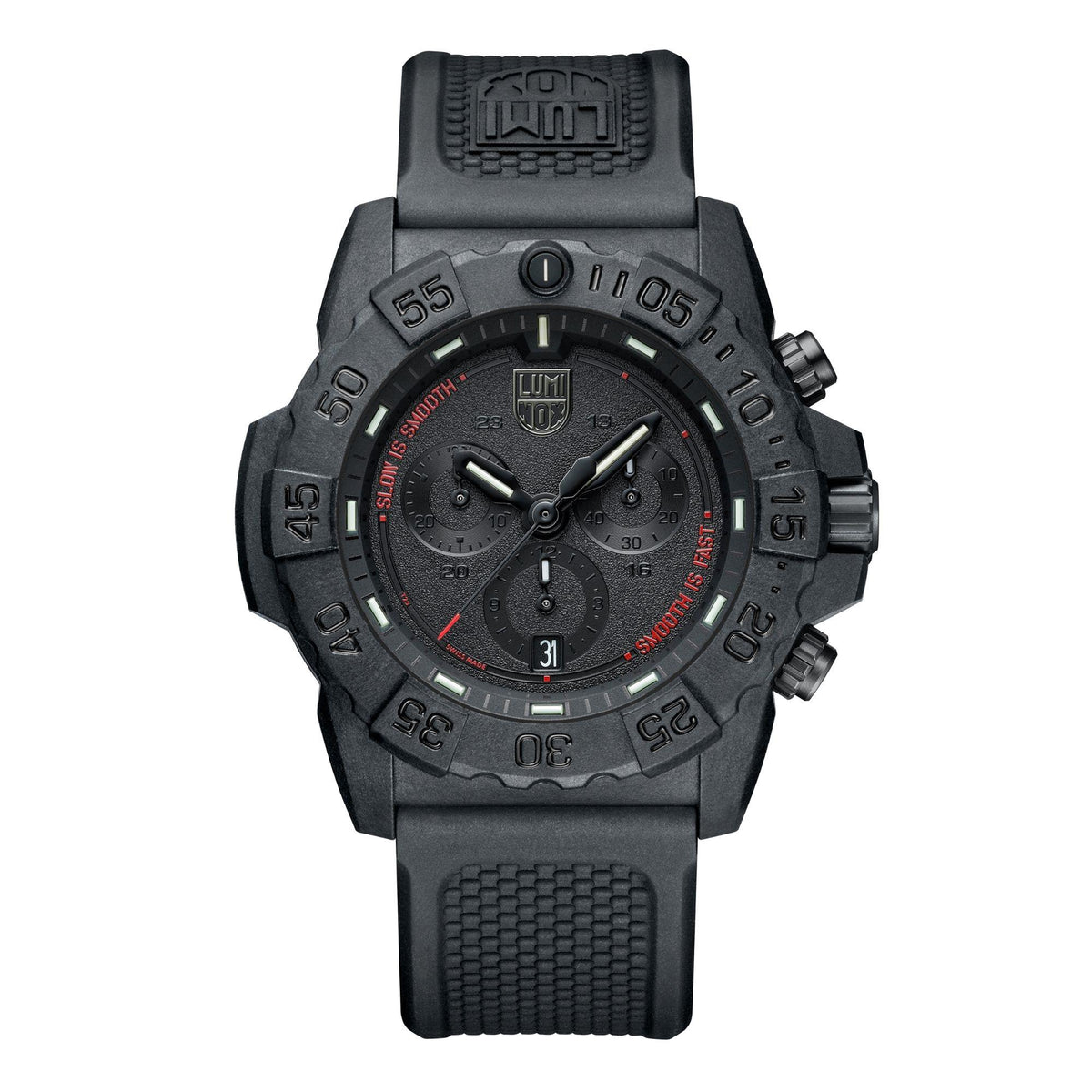 Men's black rubber strap chronograph watch with black dial and red accents