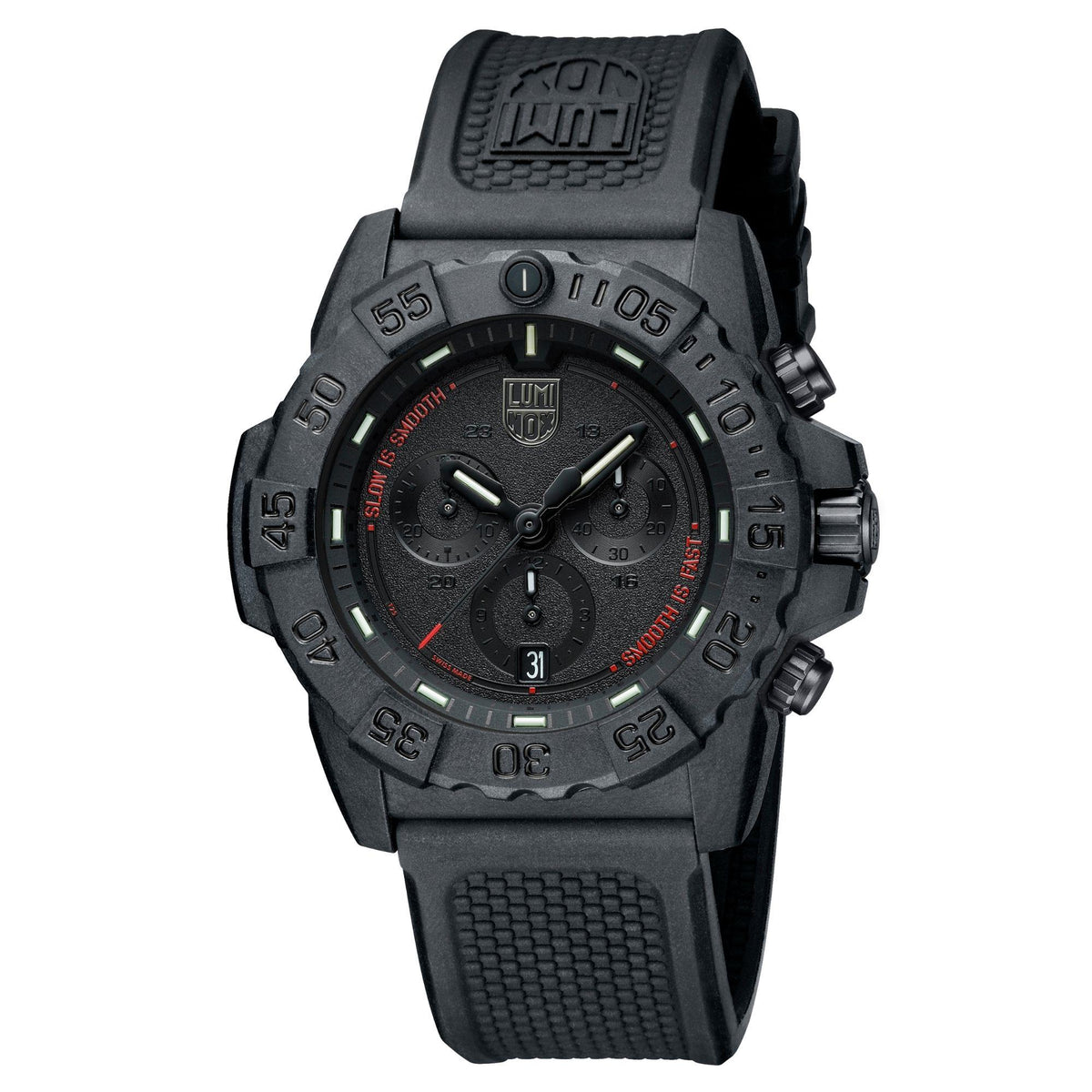 Men's black rubber strap chronograph watch with black dial and side buttons