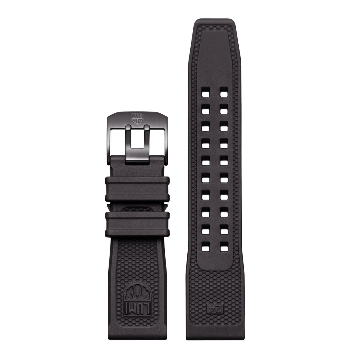 Black rubber watch strap with metal buckle and adjustable pin slots