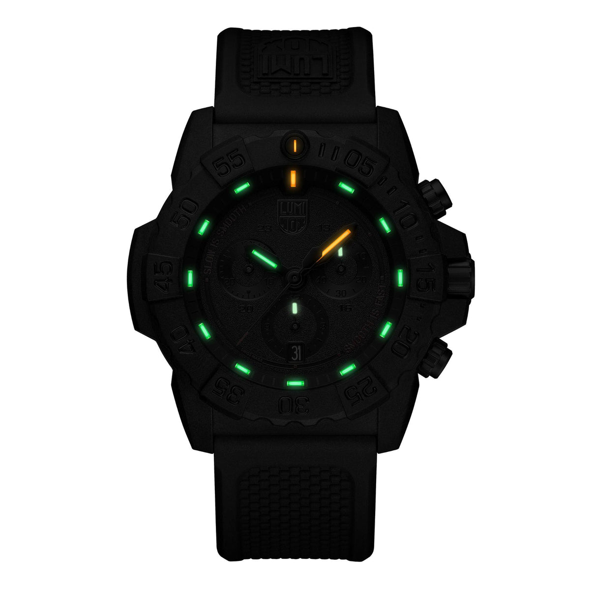 Black chronograph watch showing green luminous markers on dial