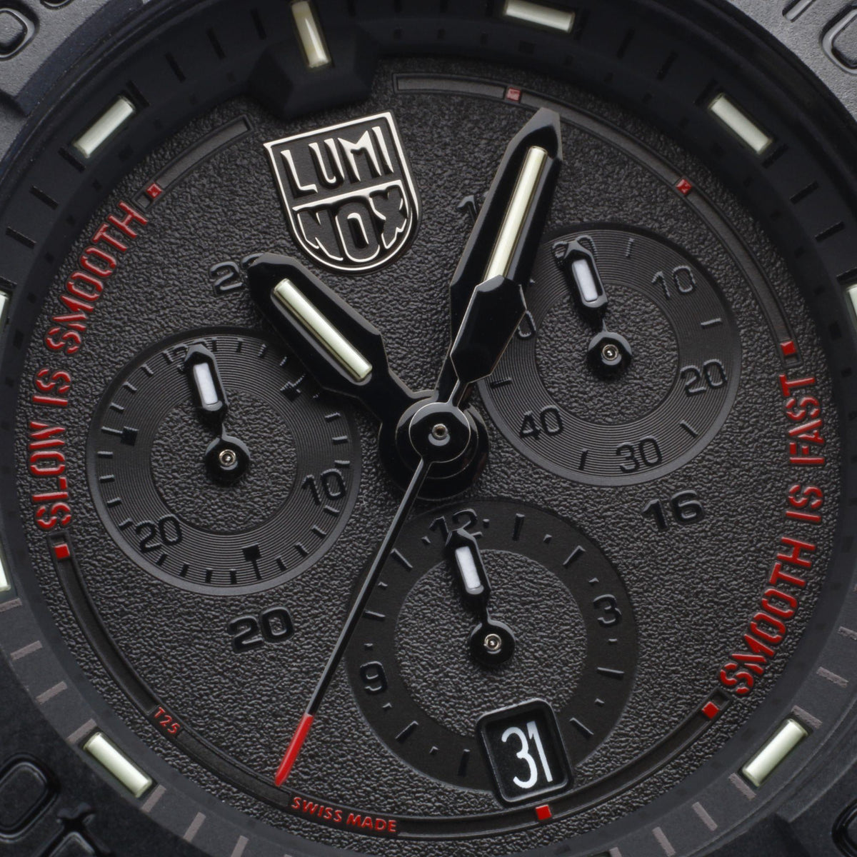 Black dial chronograph close-up with subdials, baton hands, and LUM logo