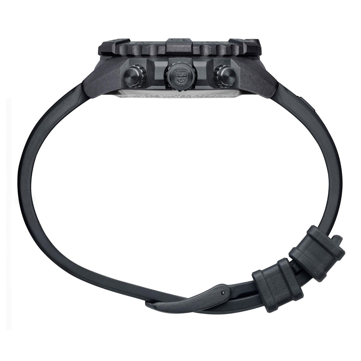 Black rubber strap watch from above with visible crown and pushers
