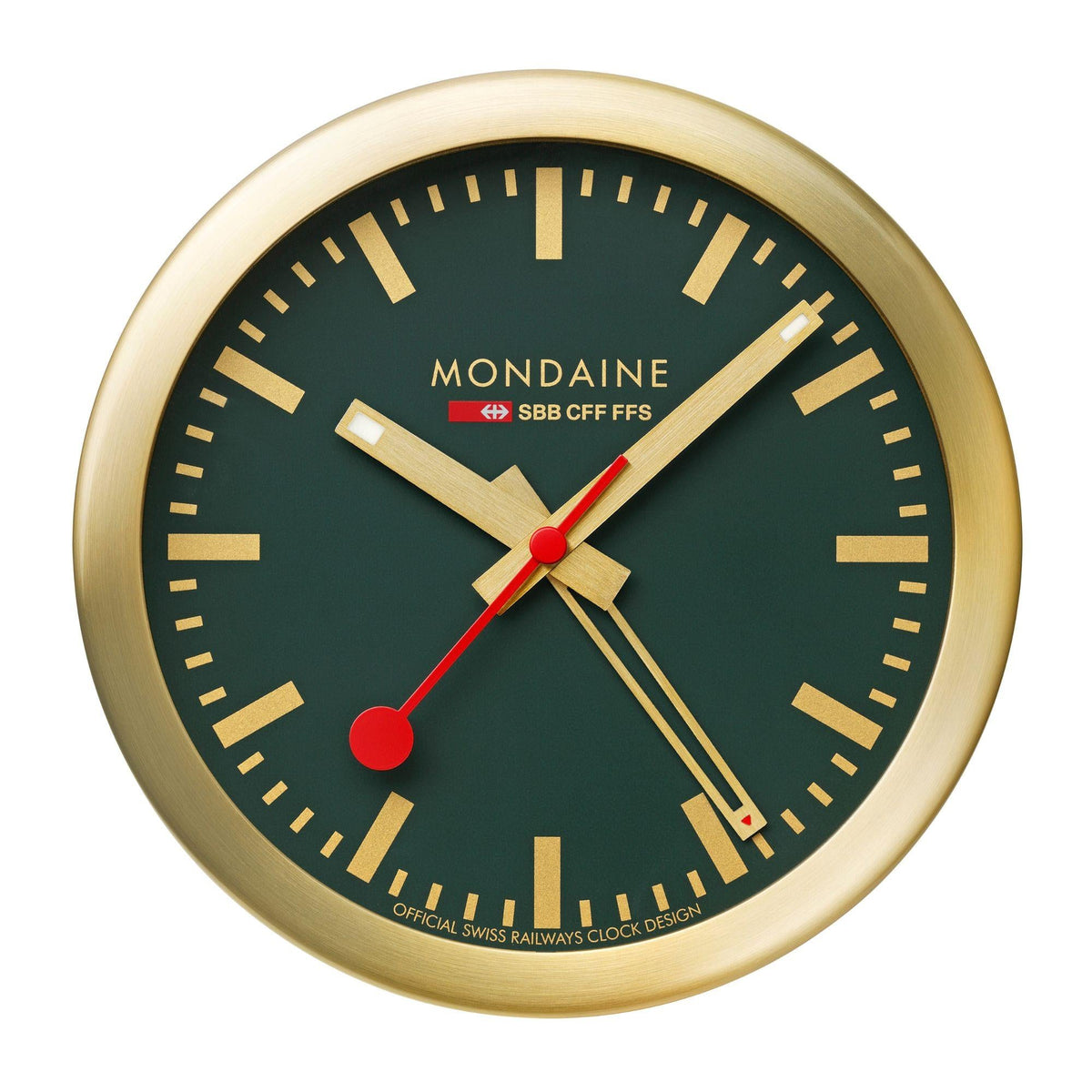 Mondaine forest green clock face, gold-tone case and red second hand