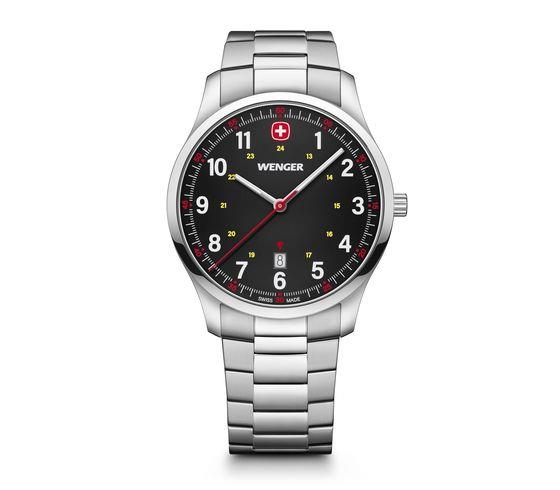 Men's stainless steel bracelet watch with black dial, red accents, and detailed markers