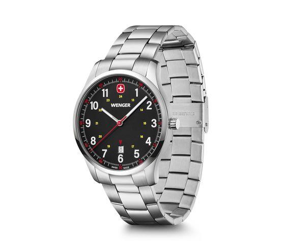 Men's stainless steel bracelet watch with black dial and red second hand, angled view
