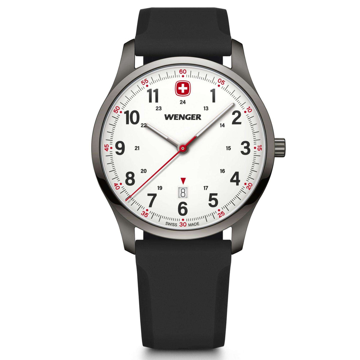 Men's wristwatch with black silicone strap, white dial, red second hand, and raised hour markers