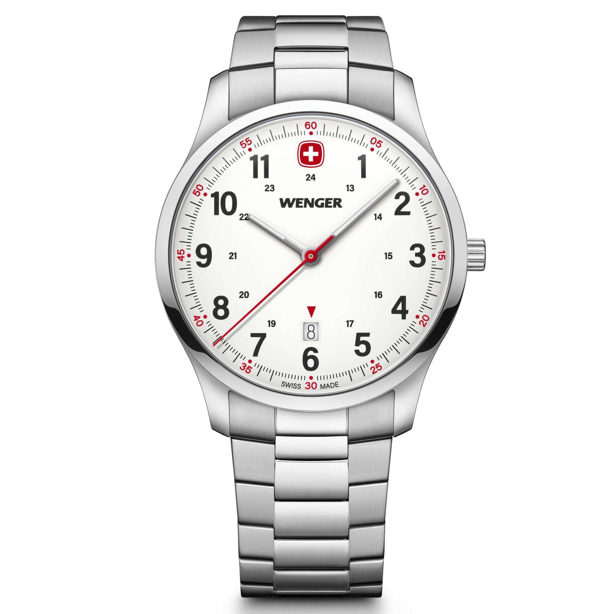 Men's stainless steel bracelet watch, white dial with red accents and crown at 3 o'clock