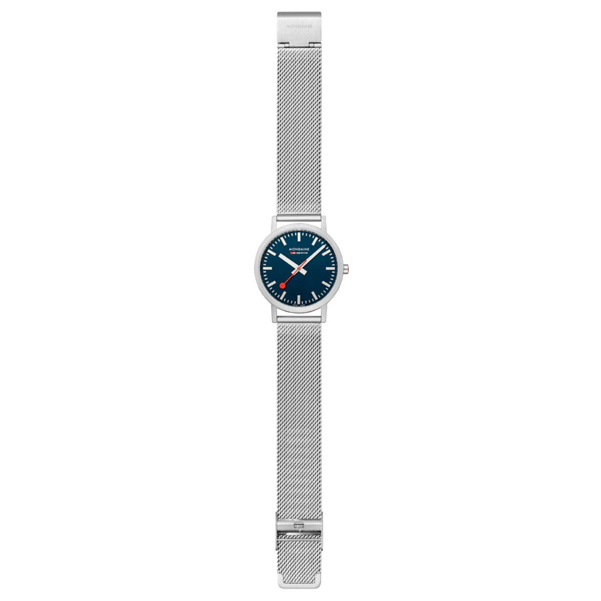 Deep blue dial watch on silver metal mesh band, slim round case