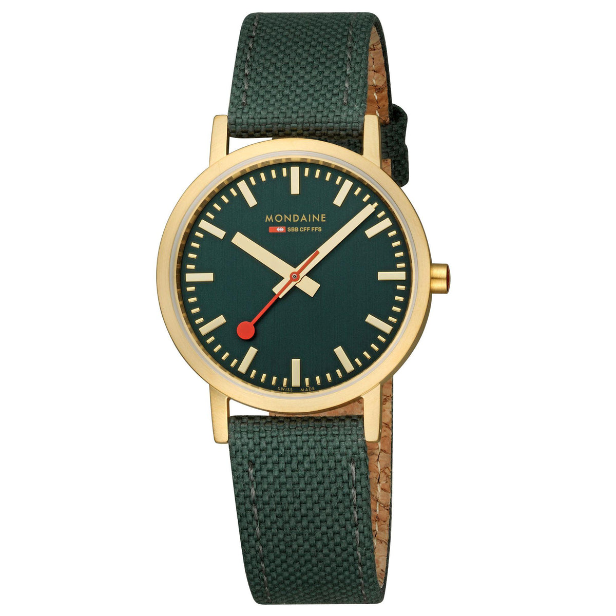Classic green dial watch with gold-tone case, crown, and textured green fabric strap