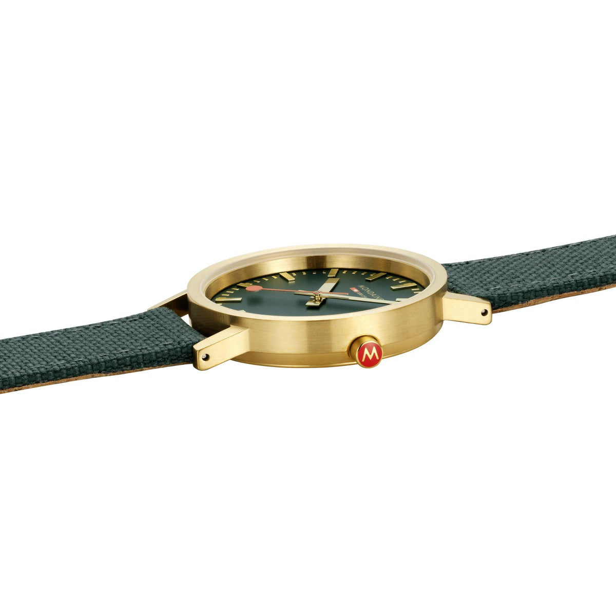 Classic watch case and crown with green fabric strap, side view