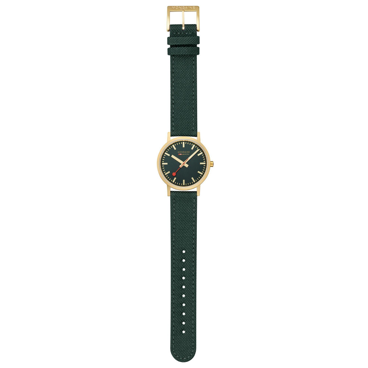 Small classic watch on green fabric strap with dark green dial and red accents