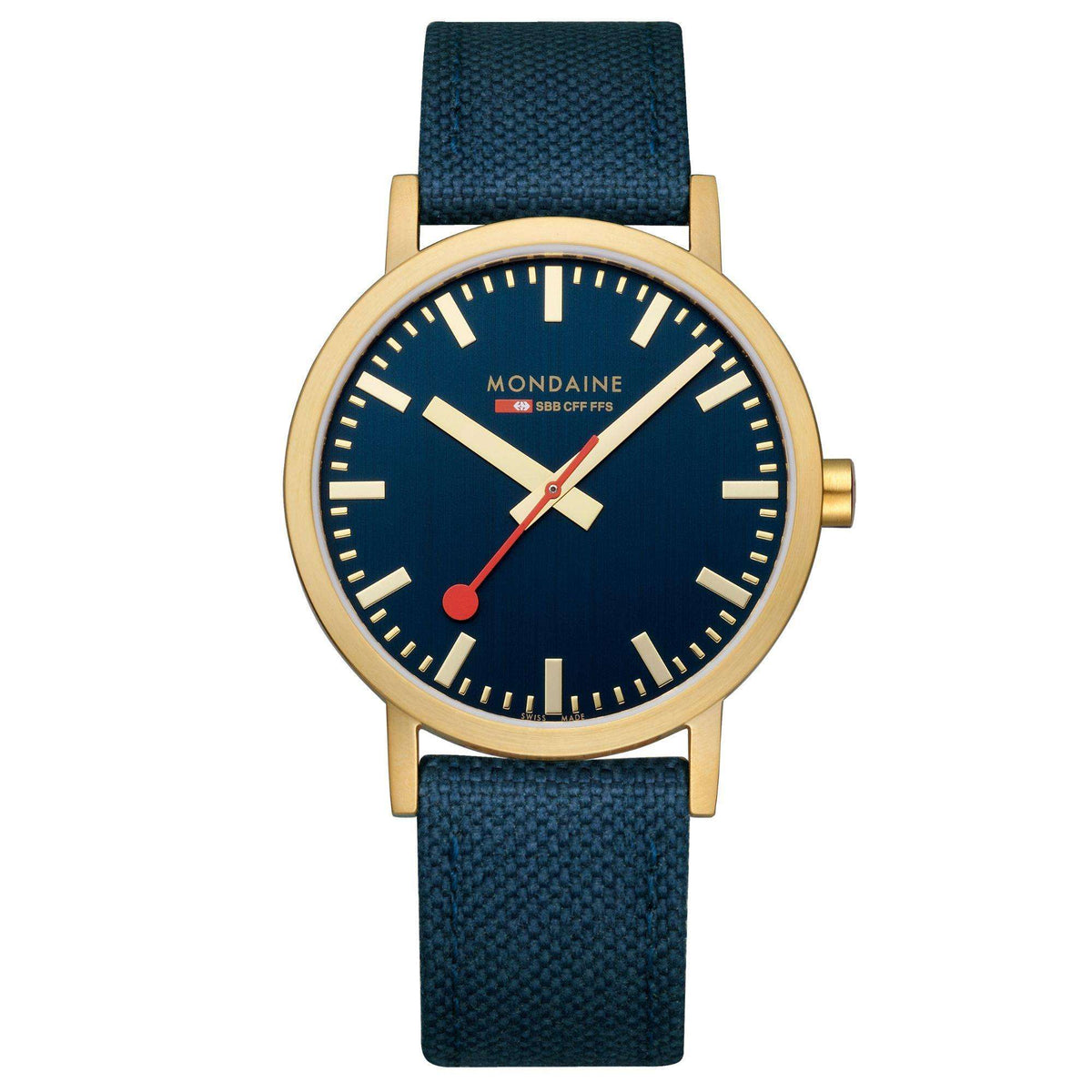 Mondaine Classic watch with gold case, deep blue dial, and navy fabric strap