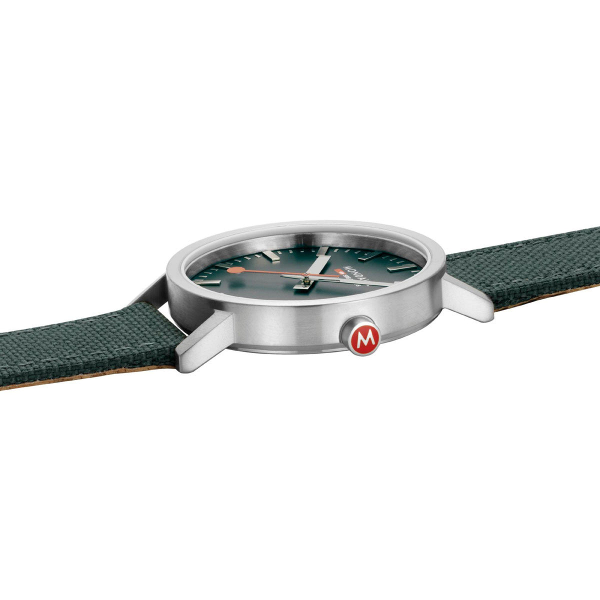 Mondaine wristwatch side view with silver case, green strap, and crown