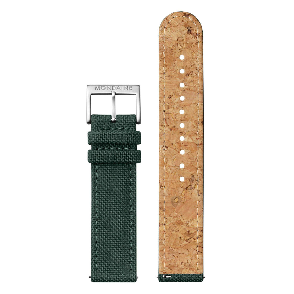 Mondaine green fabric watch strap with pin buckle and stitched texture