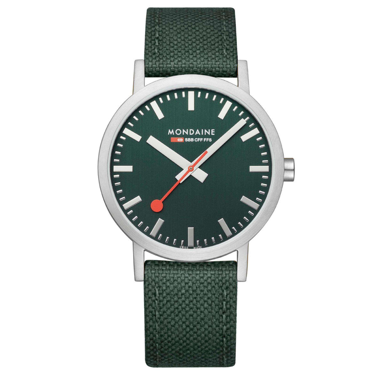 Mondaine classic forest green dial watch with baton markers, red seconds hand, green fabric strap