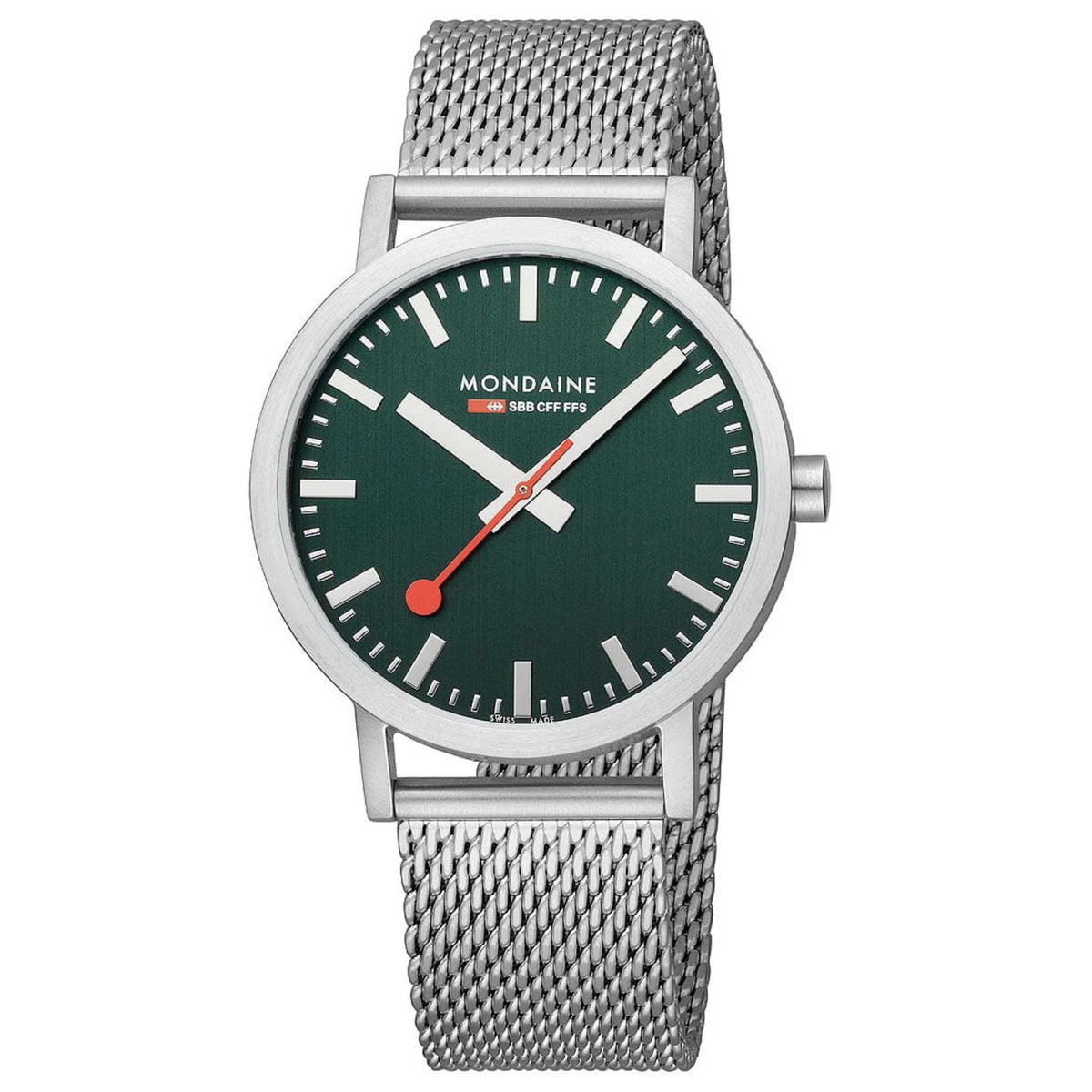 Round watch face with forest green dial, red seconds hand, silver mesh strap