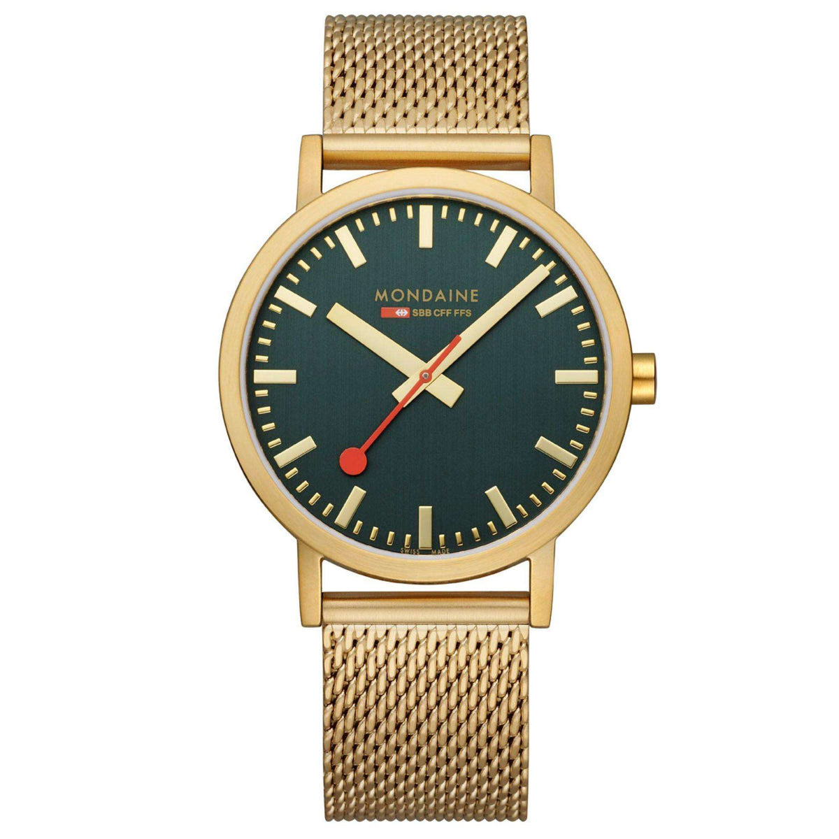 Gold-tone mesh bracelet wristwatch with green dial, gold case, red seconds hand