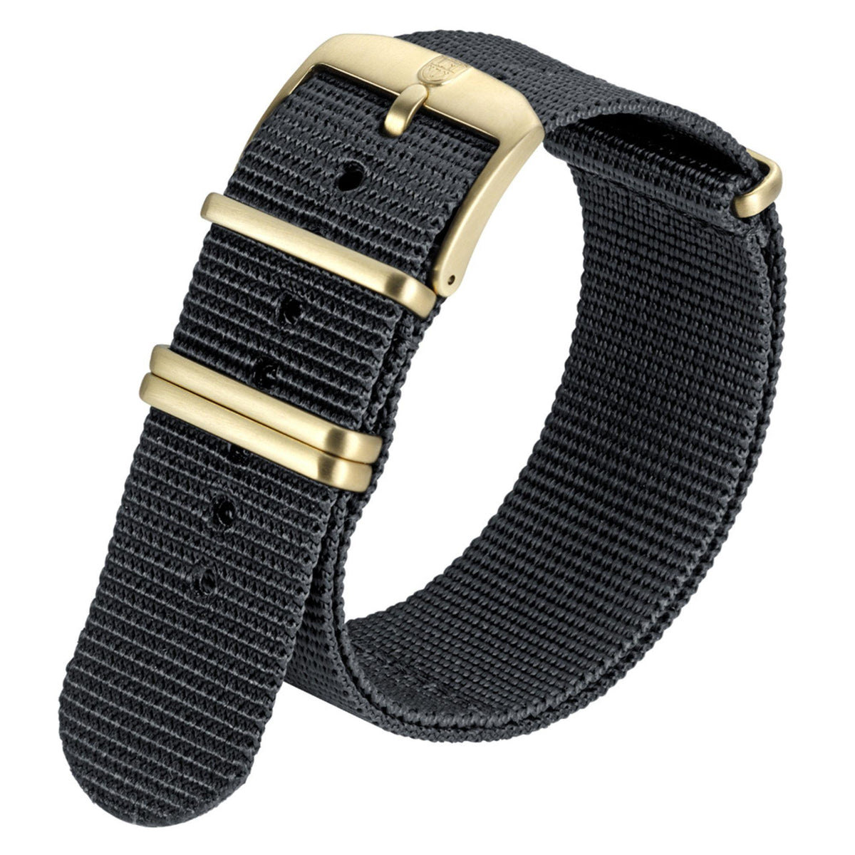 Men's black woven rubber watch strap with gold-tone buckle and adjustment holes