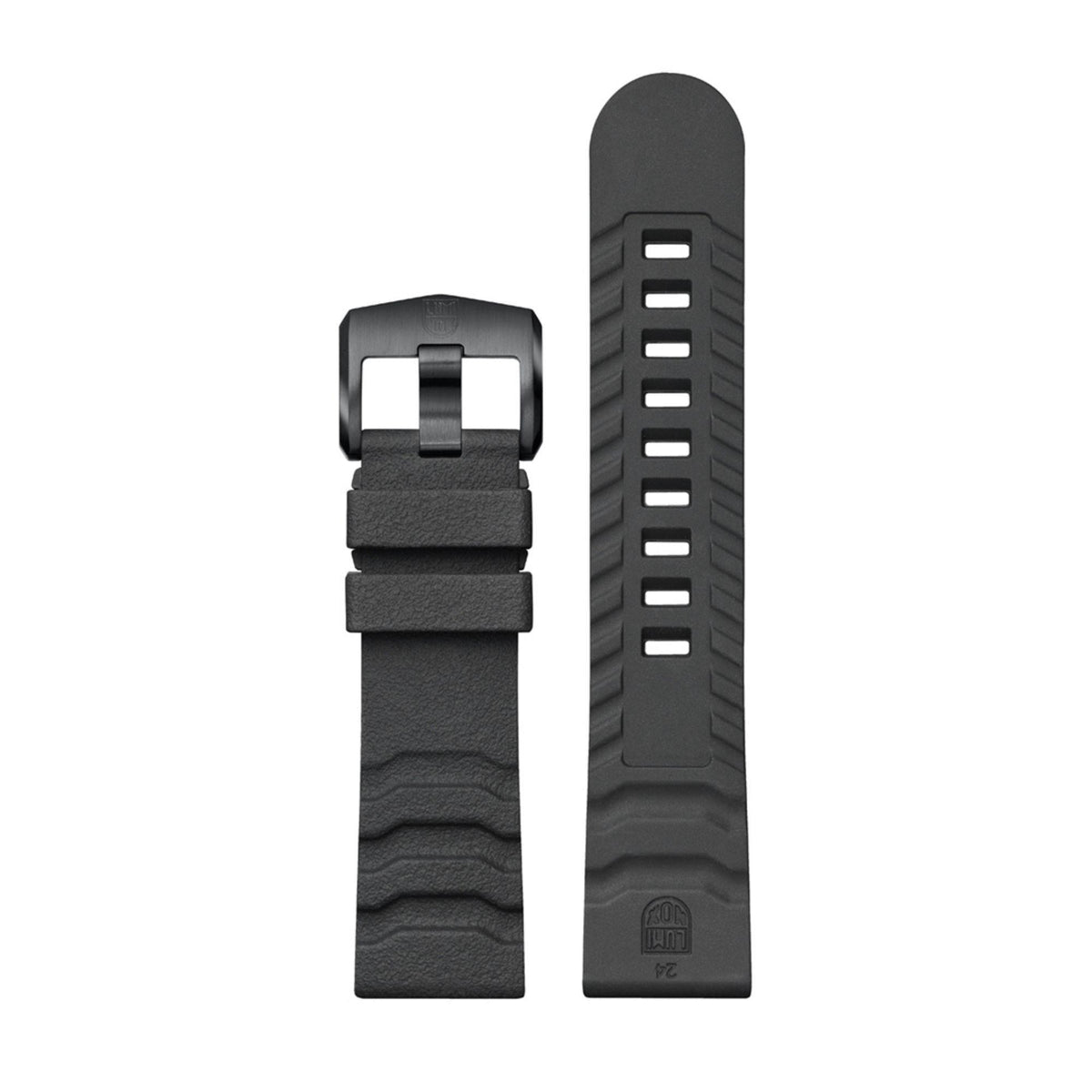 Men's black watch straps shown front and back, with buckle and molded adjustment holes