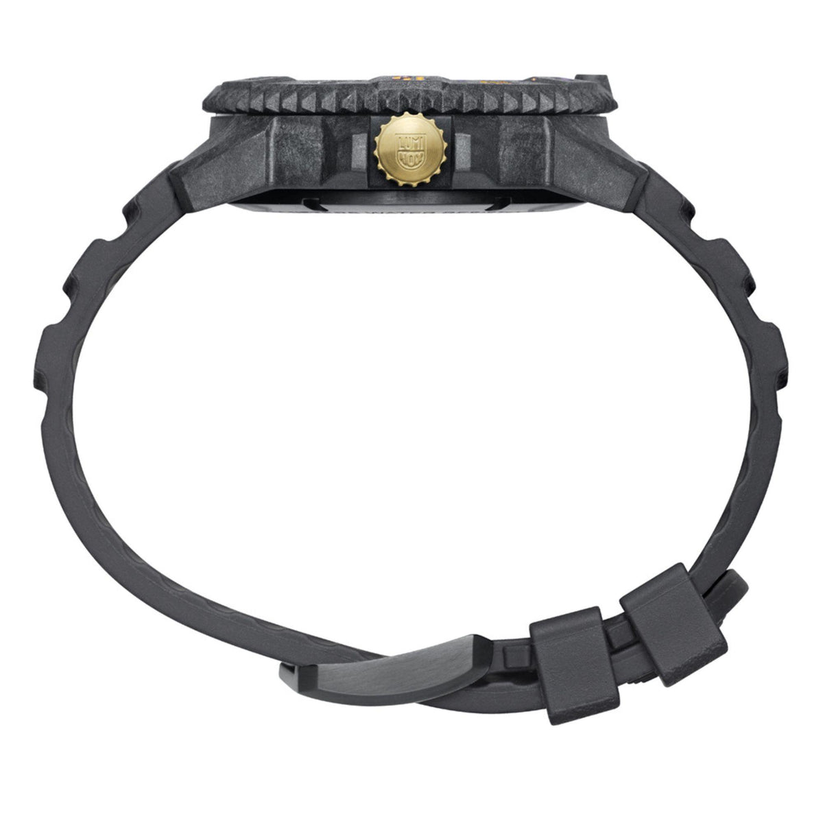 Gray rubber watch band with buckle and black textured caseback, no dial visible