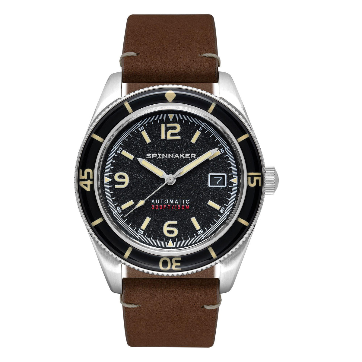 Men's automatic watch with black dial, gold bezel numerals, brown leather strap, steel case