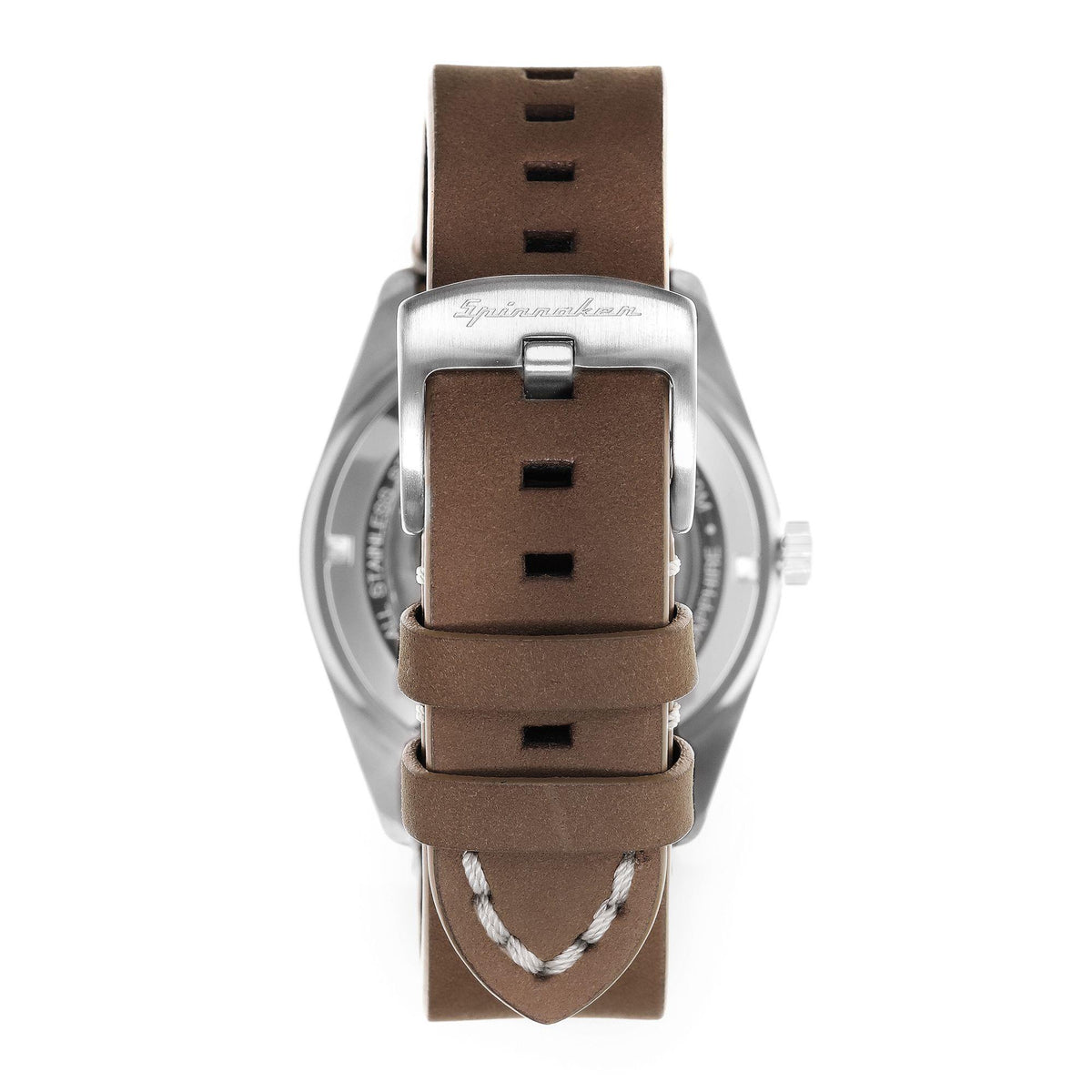 Men's watch with brown leather strap and buckle, steel case top view