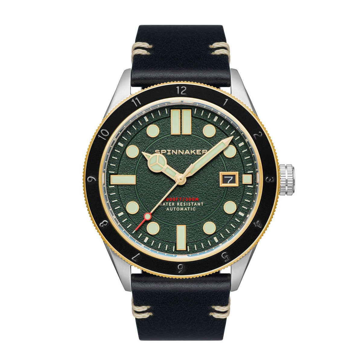 Men's leather strap wristwatch with dark green dial, gold-tone bezel, hands and markers.