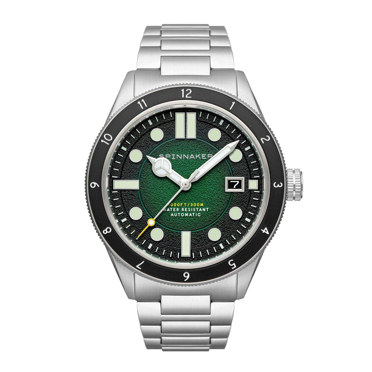 Men's stainless steel bracelet watch with green dial, three hands, black bezel numerals